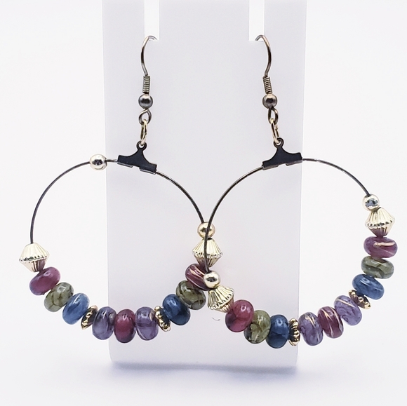 Elegant Multicolor Faux Stone Beaded Hoop Earrings - Picture 2 of 6
